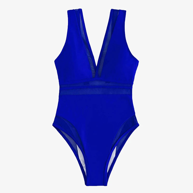 Mesh V Swimsuit One Piece Swimwear Women Black Bathing Suits Plunging Monokini Summer Beachwear
