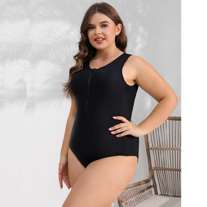 Plus Size Black Color Rashguard Women One Piece Swimsuit Solid Swimming Suit For Big Woman Modest Swimwear Surfing Suit