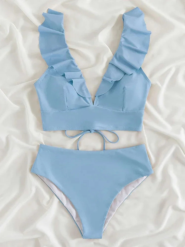 High Waist Bikinis Set Ruffle Shoulder Plunging Swimwear Women Bathing Suit Summer Beachwear