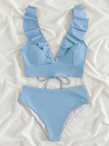 High Waist Bikinis Set Ruffle Shoulder Plunging Swimwear Women Bathing Suit Summer Beachwear