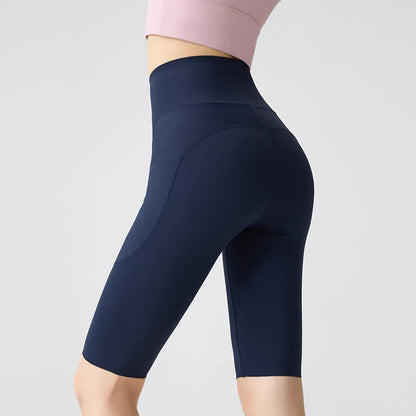 Pocket Yoga Sharkskin Bicycle Shorts Women Thin High Waist Push Up Light Feeling Sports  Fitness Cycling Shorts