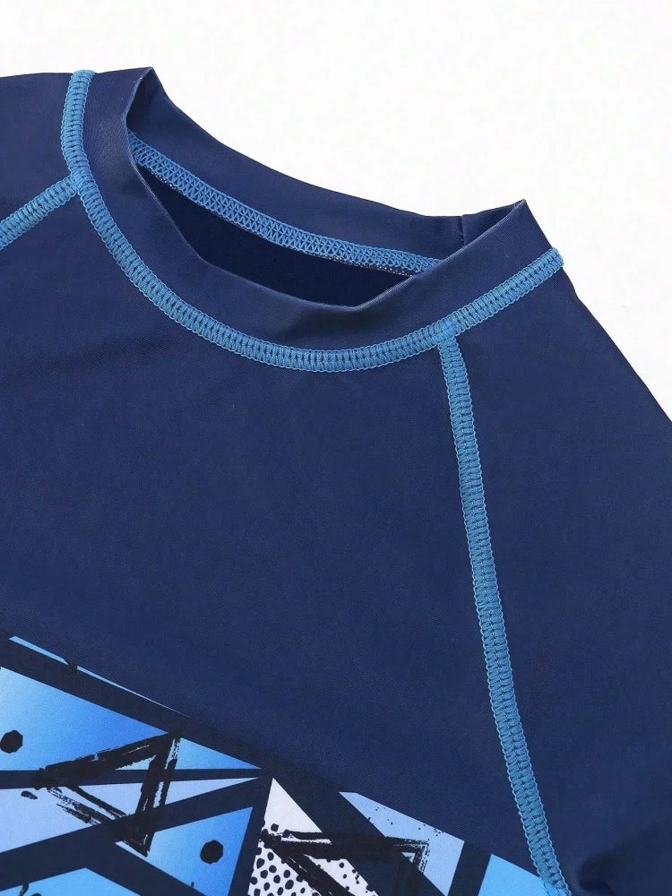 Boys' Blue Geometric Short-Sleeve Rash Guard & Shorts Set