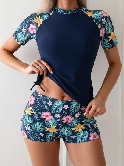 Print Short Sleeve Surfing Swimsuit Shorts Women Two Piece Swimwear Female Bathers Bathing Swimming Swim Suit Beachwear