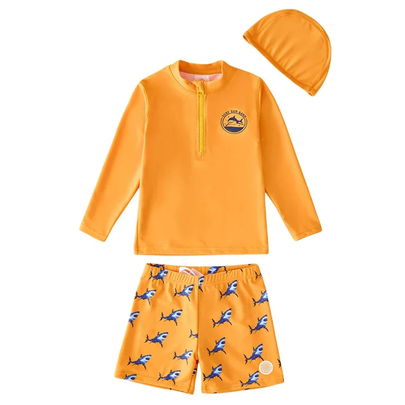 Swimsuit Boy Orange Rash Guard Kids UPF50 UV Protection Beach Clothes Long Sleeve Swimwear Children Swimming Bathing Suit Zipper
