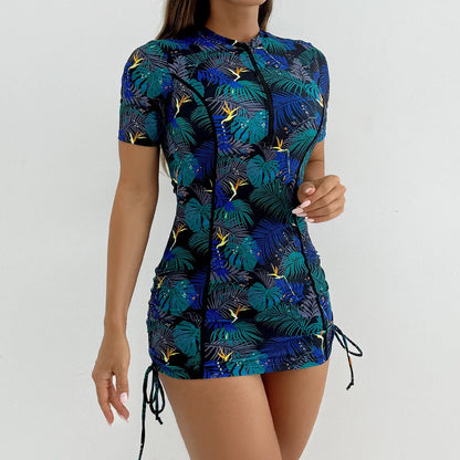 Floral Women Swimsuits Sun Protection Female Short Sleeves Swimwear Surfing Sports Pool Beachwear Two-Piece Bathing Suits