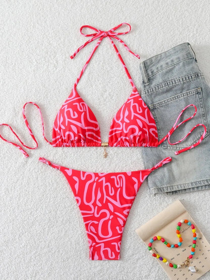 String Halter Bikini Triangle Swimsuit Women Printed Micro Swimwear Female Bathing Swimming Swim Suit Padded Beachwear
