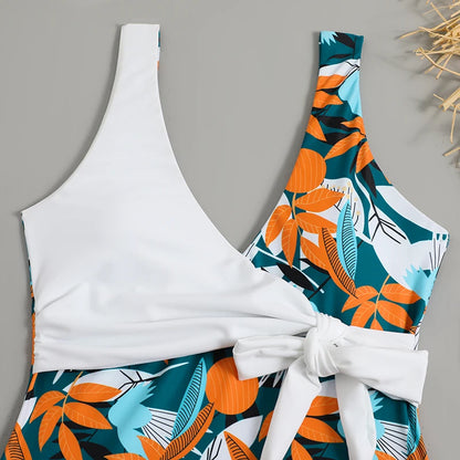 Tropical Print Swimsuit One Piece Knot Side Belted Swimwear Women Padded Bathing Suit Female Swimming Summer Beachwear