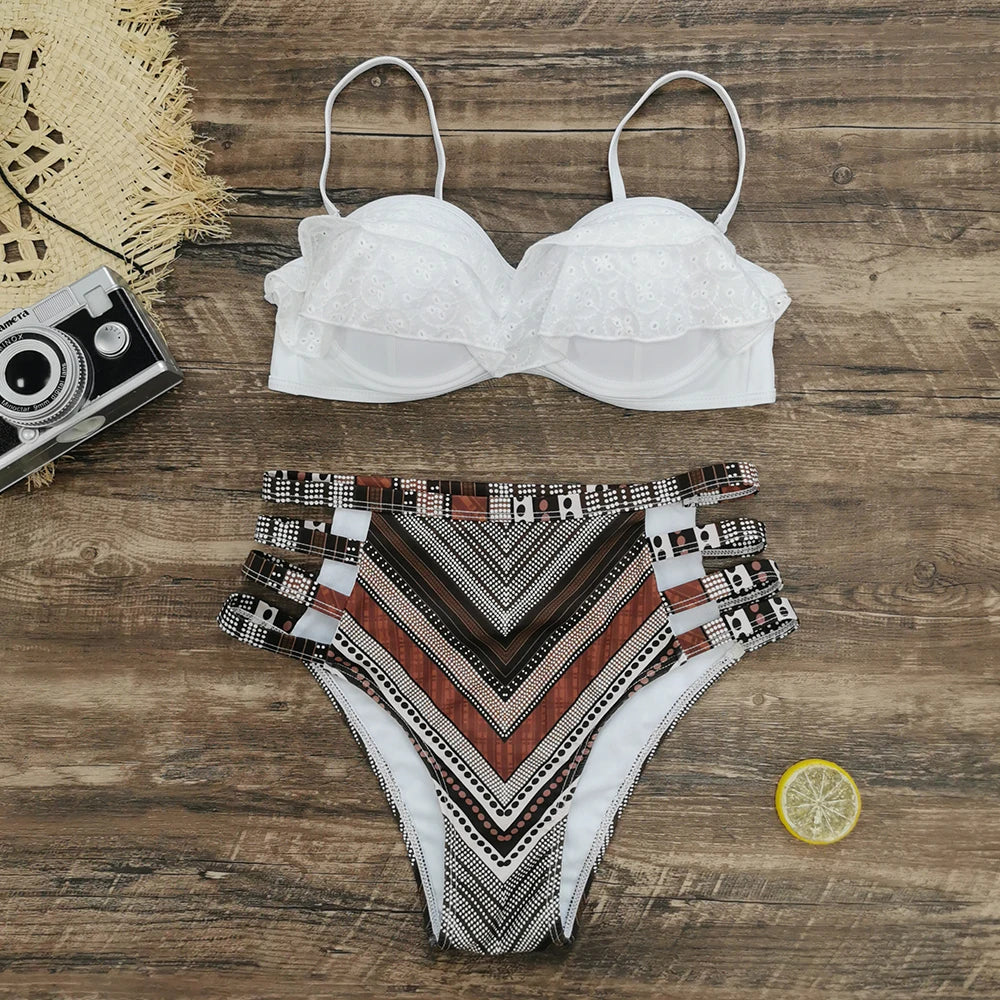 Leaf Print Bikini Female Swimsuit Women Swimwear Thong Push Up Bikinis Set High Waist Swimming Suits for Bathing Suit