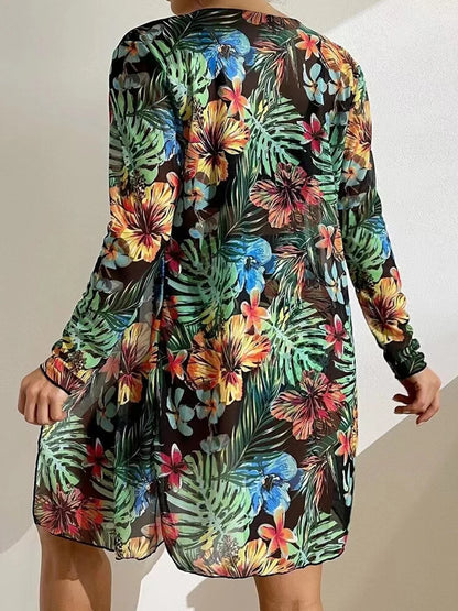3 Piece Bikini Set Women Cover Up Swimwear Female Tropical Printed Swimsuit Push Up Beachwear Long Sleeve Bathing Suit