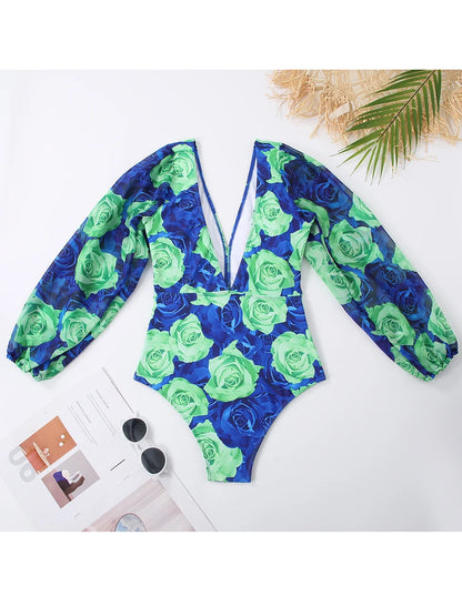 Rose Print V Neck Long Sleeve Swimsuit Women One Piece Swimwear Female Beachwear Bathers Bathing Swimming Swim Suit