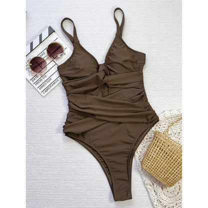 V Neck Knotted Wrinkled High Cut Leg One Piece Swimsuit Women Swimwear Female Padded Monokini Bather Bathing Suit Swim