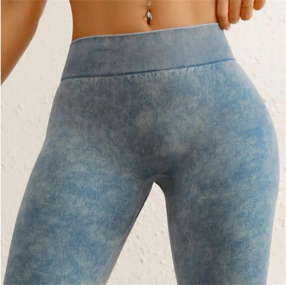 Washed Out Look Seamless High Stretch Sports Yoga Shorts Women V Back Hip Gym Cycling Elastic Tights Denim Design Active Exercise Shorts