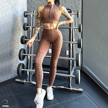 1/2PCS Zipper Leopard Sport Gym Yoga Sets Women Sport Bra Scrunch Pants Fitness Leggings Suits Workout Clothes for Women