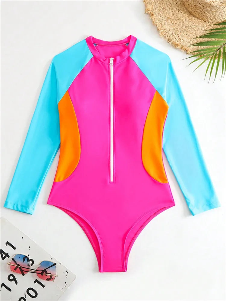 Long Sleeve Swimwear Women Rash Guard Surf Woman Swimsuit One-Piece Swimming Suit Beach Wear Bathing Suit Monokini