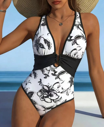 V Cut Women's Printed One Piece Tankini Set Summer Beach Vacation Swimwear Floral Pattern Halter Bodysuit Women's Swimsuit Female