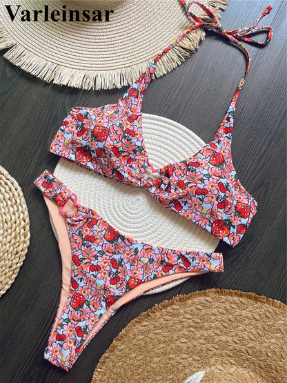 Flowers Printed Halter Brazilian Bikini Women Swimwear Female Swimsuit Two-pieces Bikini set Bather Bathing Suit Swim