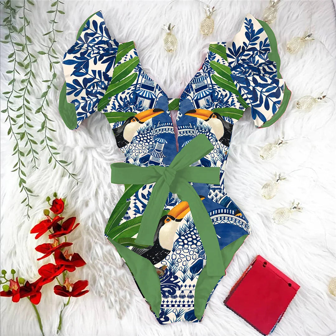 Ruffle Print Floral One Piece Strappy With Belt Swimwear Women Swimsuit Bathing Suit Backless Beachwear Monkini