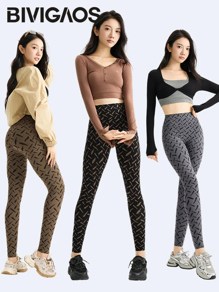 BIVIGAOS Spring Autumn Starry Sky Printed Sharkskin Leggings Women High Waist Elastic Tight Fitting Running Yoga Fitness Legging