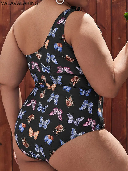 Butterfly Print One-shoulder Plus Size Swimwear Women Hollow Large One Piece Swimsuit Brazilian Curvy Bathing Suit