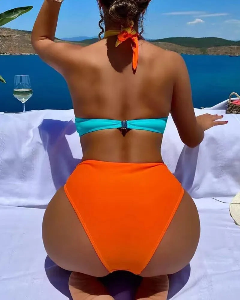Orange Patchwork One Piece Swimwear Women Halter Cross Underwire Hollow Out Backless Bathing Suit Holiday Swimsuit