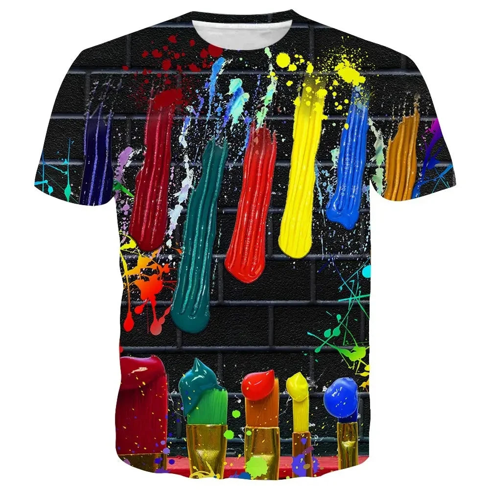 Rainbow Paint Splash Men's Printed T-shirt Hip Hop Street Fashion Harajuku Round Neck Comfortable Short Sleeve Top
