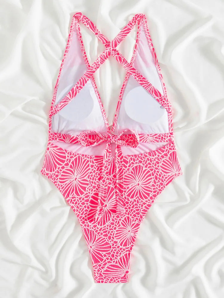 Lady Print Swimwear Women Deep V One Piece Swimsuit Monokini Cross Hollow Backless Beach Bathing Suit