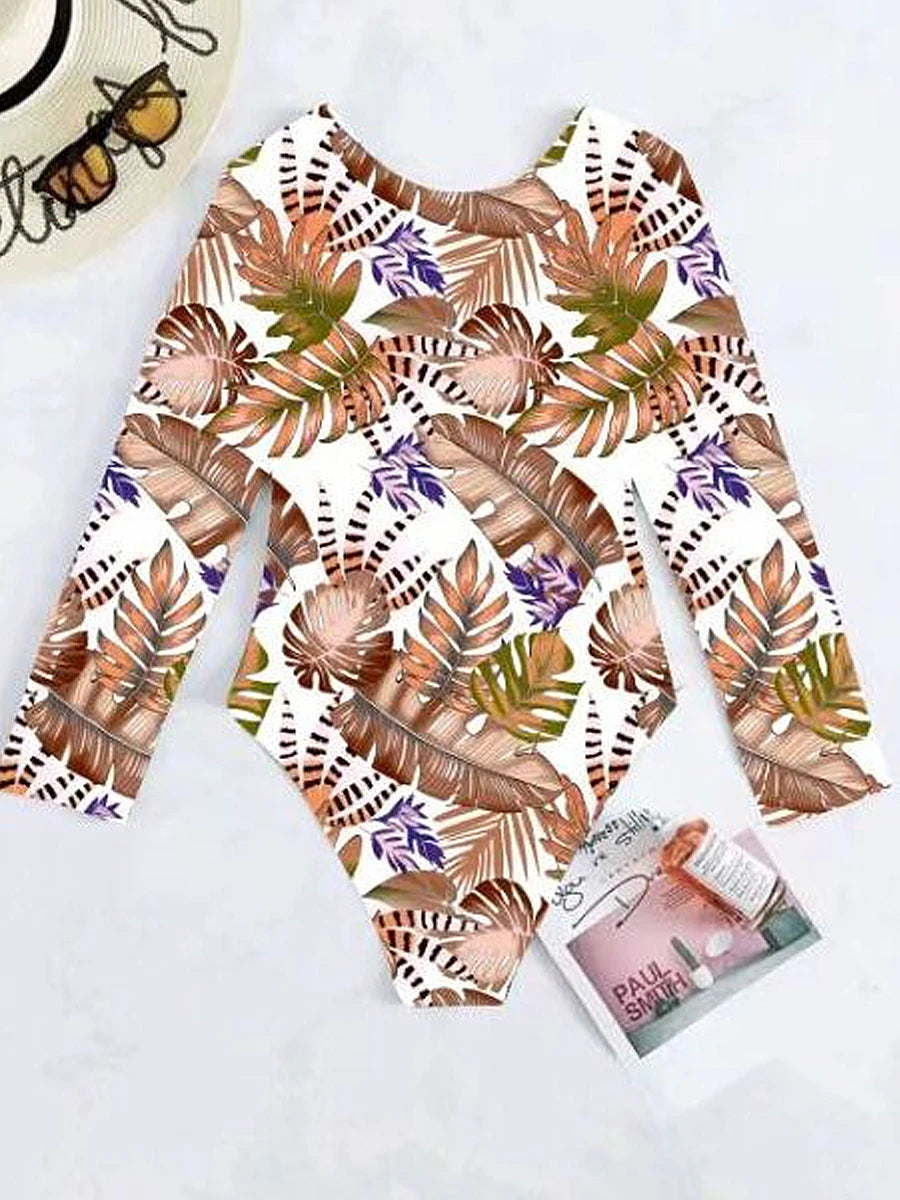 Women's Printed Long-Sleeve Criss-Cross Back One-Piece Swimsuit