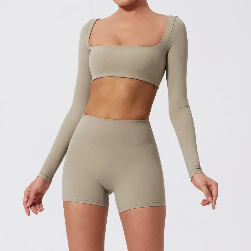 Yoga Clothes 2PCS Gym Set Sports Shorts Set Women Long Sleeved High Waist Shorts Fitness Suit Running Workout Tracksuit