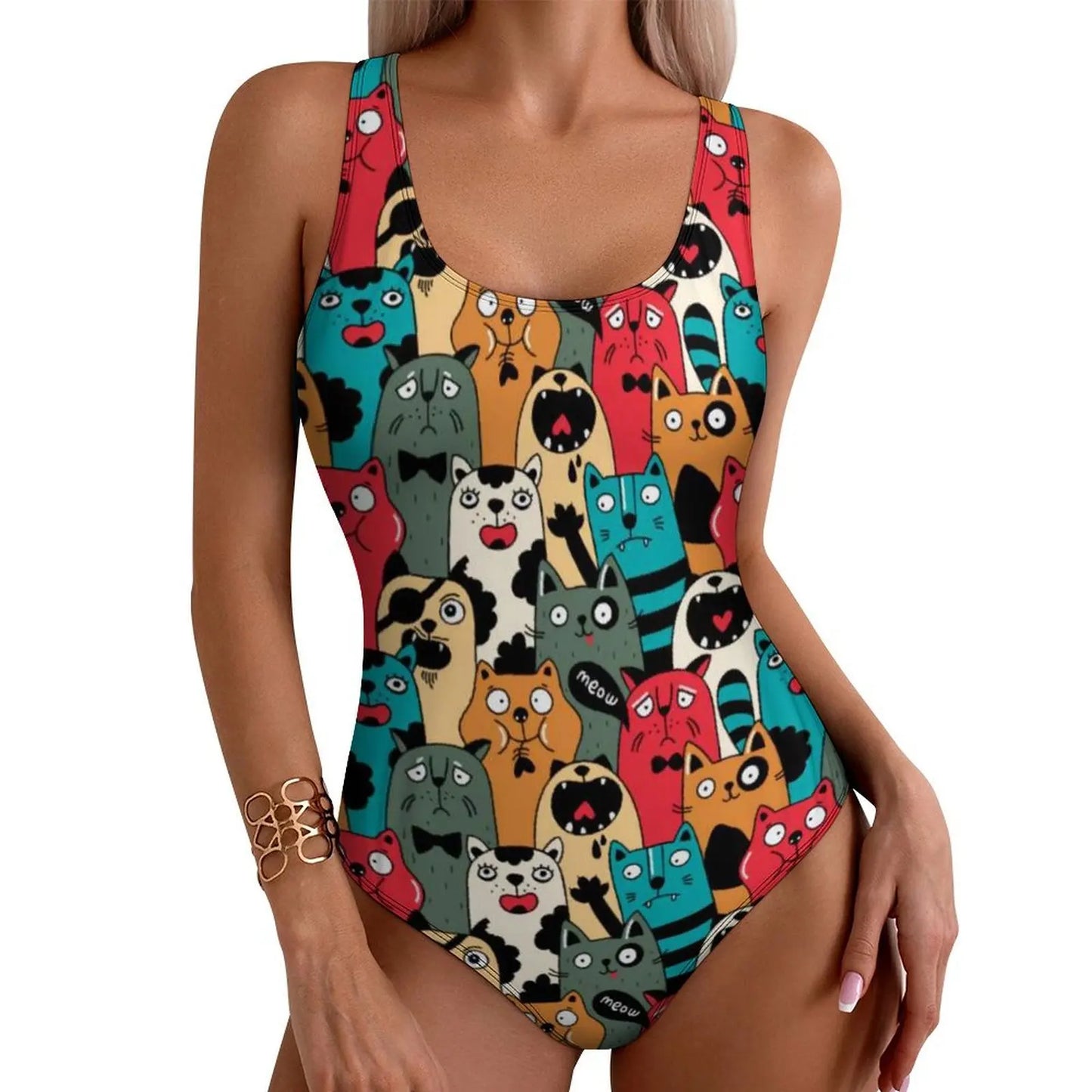 Funny Cat Swimsuit Colorful Cats Pop Art Swimwear One-Piece Fitness Bodysuit Cut Out Bathing Suits Ladies Push Up Beachwear