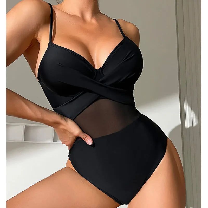 Black Net One Piece Swimsuits Closed Women's Swimwear Push Up Swimming Wear Body Bathing Suit Beachwear Pool Bather