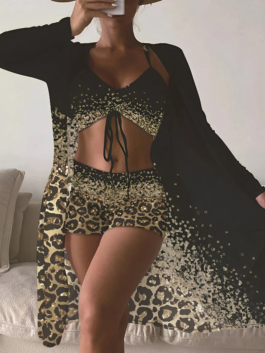 3 Pieces High Waist Bikini Printed Swimsuit Women & Kimono Swimwear Female Bather Bathing Swimming Swim Suit Beachwear