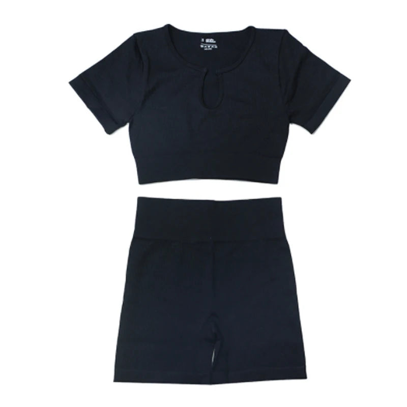 Ribbed Yoga Clothing Sets Women High Waist Shorts Short Sleeve Two Piece Set Seamless Tracksuit Fitness Workout Outfits Gym Wear