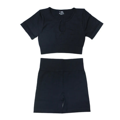 Ribbed Yoga Clothing Sets Women High Waist Shorts Short Sleeve Two Piece Set Seamless Tracksuit Fitness Workout Outfits Gym Wear