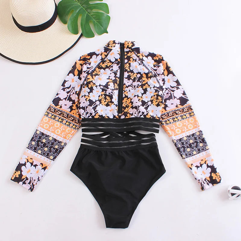 Long Sleeve Swimwear One Piece Cover Up Swimsuits Print Floral Bodysuit Hollow Out Bikinis Beach Bathing Bikini Set Beachwear