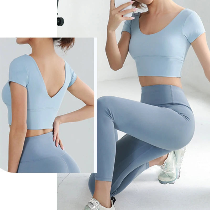 Built-in Cup Gym Crops U Neck Yoga Crop Top Grace Neck Line Bra Elastic Stretchy Fitness Crops Breathable Gym Top
