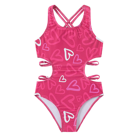 Girls' Heart Print Cutout One-Piece Swimsuit with Crisscross Back Strap Beach Swimwear for Summer Beach Bathing Suit For Kids