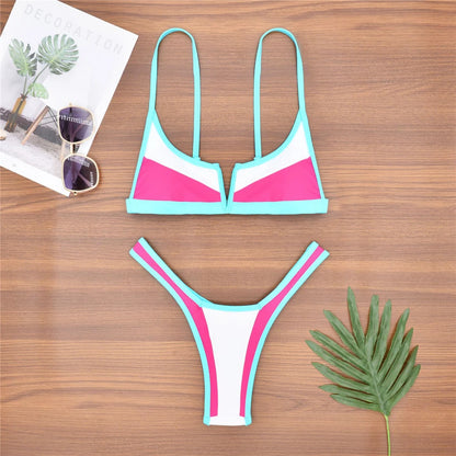 S - XL Splicing V Shaped High Leg Cut Bikini Female Swimsuit Women Swimwear Two-pieces Bikini set Bather Bathing Suit Swim