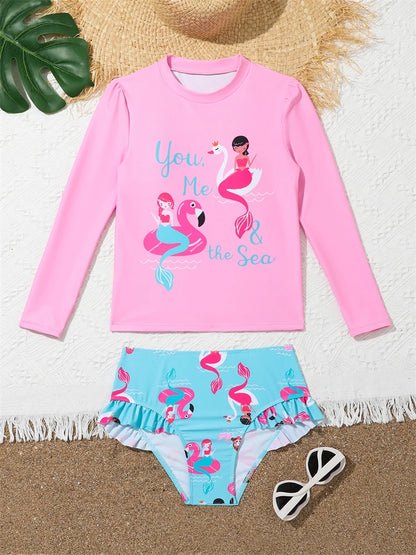 Kids Swimsuit Girls Cartoon Flamingo Long Sleeve Children Swimwear Summer 2 Piece High Waist Ruffle Beach Bathing Suits