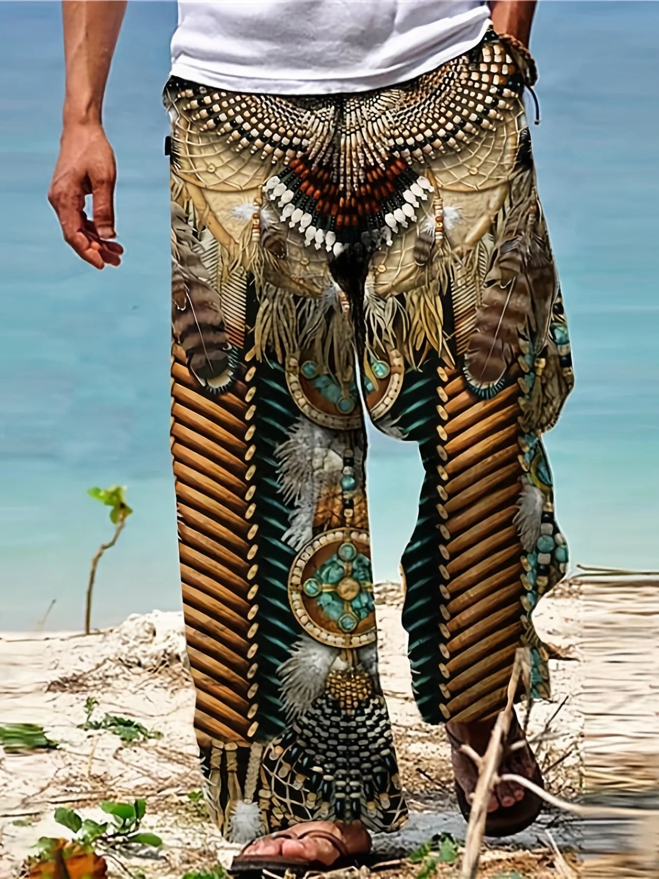 Summer Men's Cotton Linen Casual Pants Retro Ethnic Printing Mid Waist Drawstring Closure Large Size Wide Leg Beach Pants