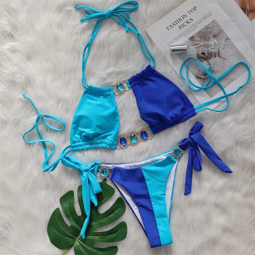 8 Colors Diamond Rhinestones Splicing Bikini Women Swimwear Female Swimsuit Two-pieces Bikini set Bather Bathing Suit Swim
