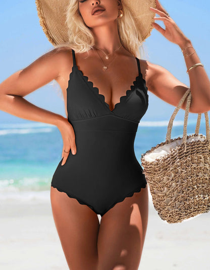 Women Fashion One-Piece Swimsuit Solid Scalloped Trim High Elastic with Removable Padded Bathing Suit Swimwear