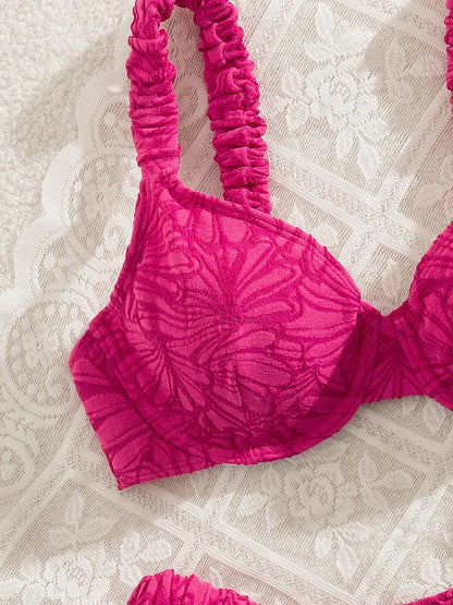 Rose Red Swimsuit Women Pleated Halter Beachwear Holiday Fashion Bikini Set Summer Female Two-piece Bathing Suit
