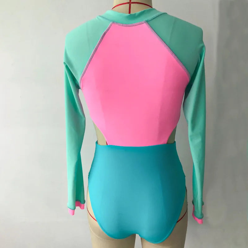 Patchwork One-Piece Swimsuit Long Sleeve Swimwear Sports Backless Women's Swimming Bathing Suit Beach Wear Bather Surfing