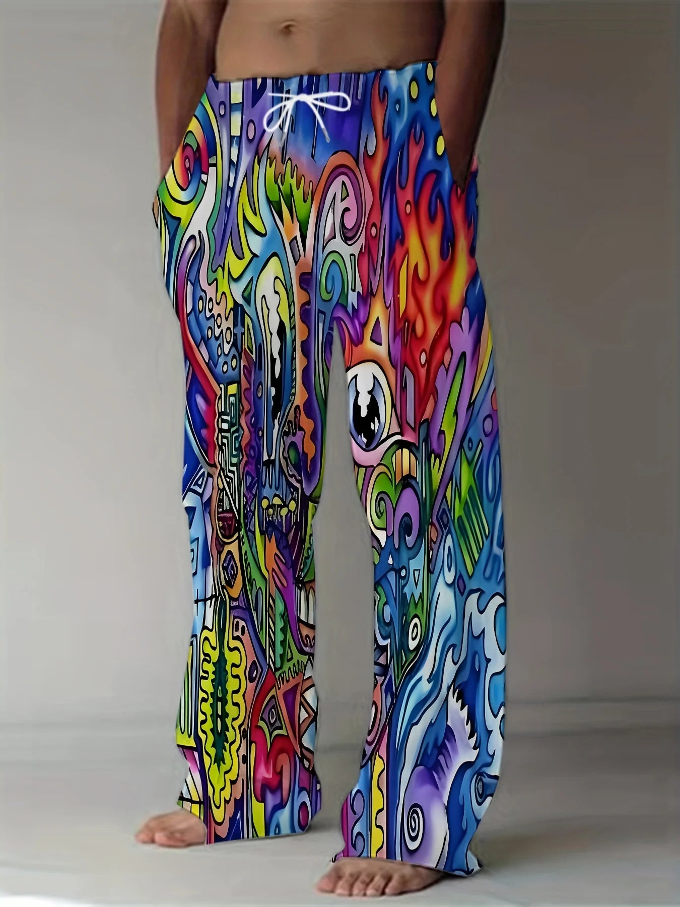 Men's Pants Summer Holiday Street Beach Pants Drawstring Pocket Casual Pants Abstract Texture Printed Men's Pants