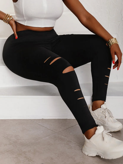 Plus Size Women's Leggings Trendy Faux Cut-Out Stripe Design Comfortable High-Elasticity Knit Pants Solid Color Base Trousers