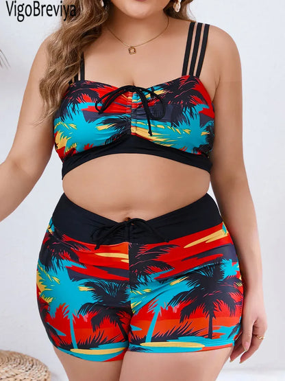 Print Strapped 2 Piece Plus Size Bikini Women High Waist Curvy Swimsuit Brazilian Lady Beach Big Bathing Suit