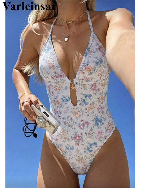 S - XL 2026 Flower Printed Floral V Neck Women Swimwear One Piece Swimsuit Female Halter Monokini Bather Bathing Suit Swim