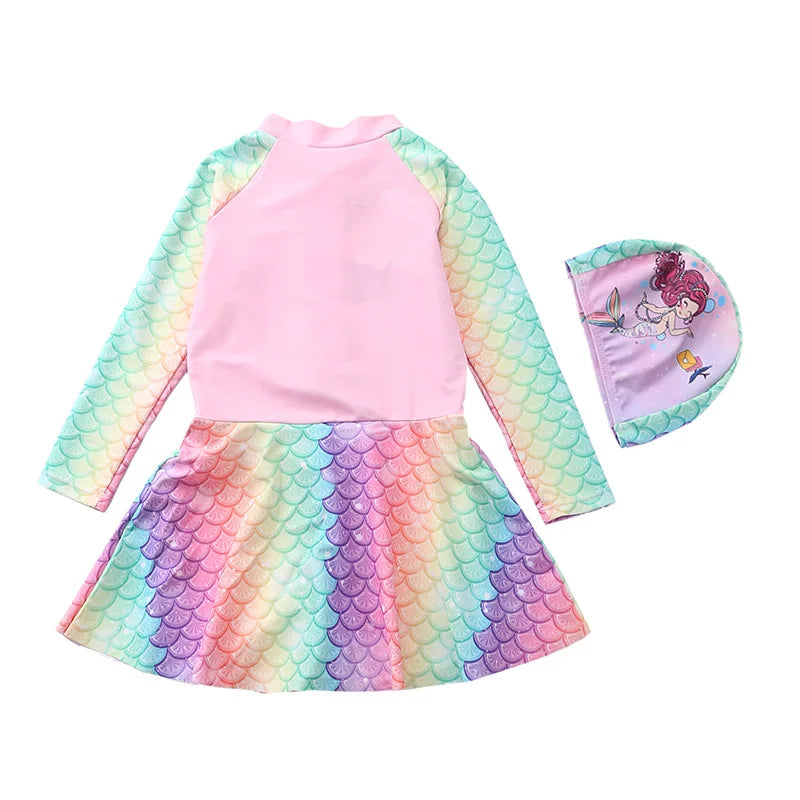 Mermaid Swimsuit for Girls Long Sleeves Children's Swimwear Front Zipper One-Piece Swimming Dresses Summer Beach Bathing Suit