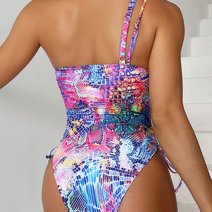 Women's Colorful Printed One-Shoulder Side Drawstring Swimsuit, Beach Bathers