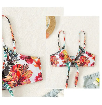 Split Three Piece Floral Printed Swimsuit Women Bikini Set Wireless Bra with Pad Sport Top Long sleeve Blouse Swimwear
